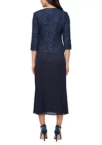 Women's Tea Length Textured Jacquard Mock Jacket Dress