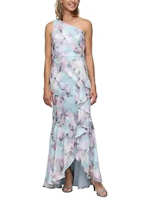 Women's One Shoulder Printed Burnout Chiffon Gown