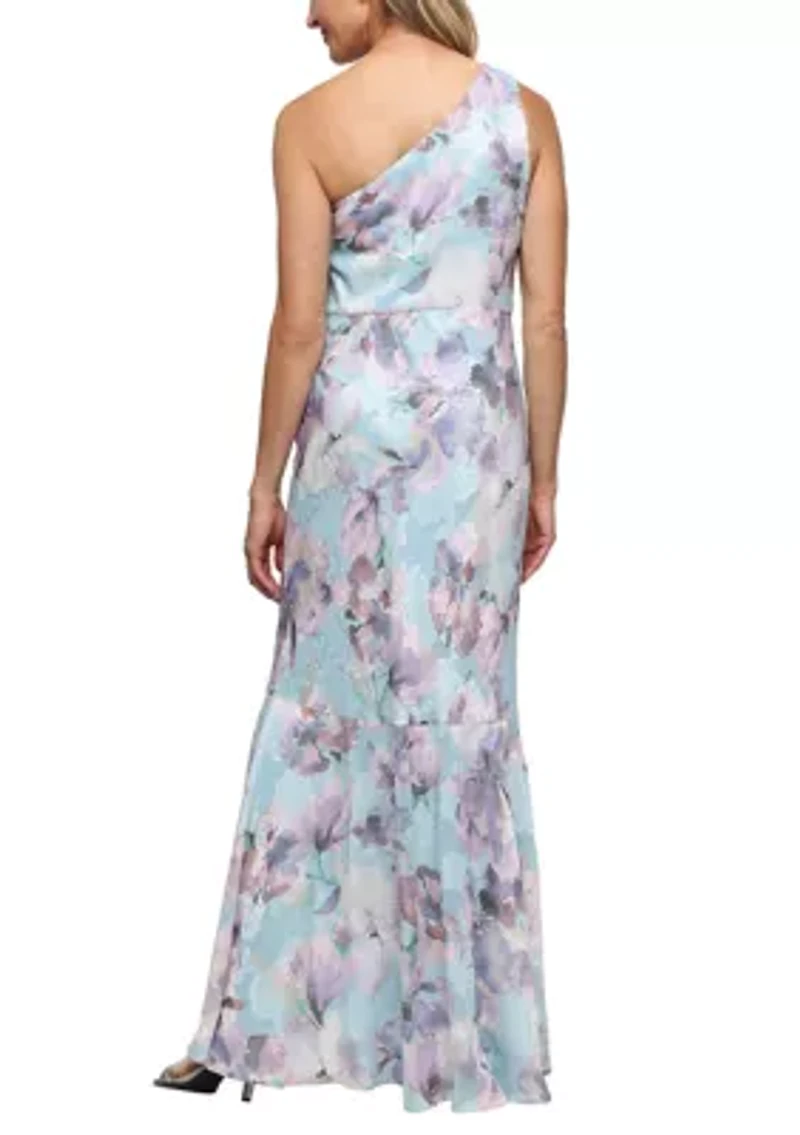 Women's One Shoulder Printed Burnout Chiffon Gown