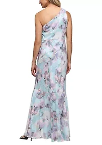 Women's One Shoulder Printed Burnout Chiffon Gown