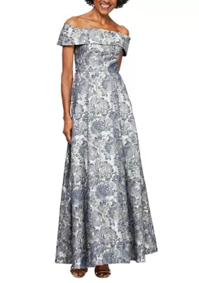 Women's Off Shoulder Printed Jacquard Gown