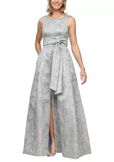 Women's Sleeveless Printed Jacquard Tie Waist Gown