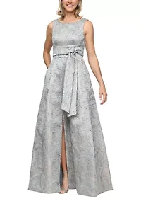 Women's Sleeveless Printed Jacquard Tie Waist Gown