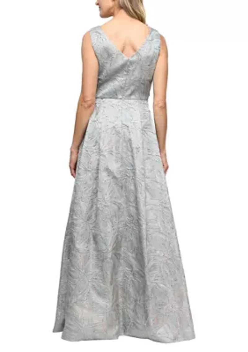 Women's Sleeveless Printed Jacquard Tie Waist Gown