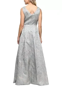 Women's Sleeveless Printed Jacquard Tie Waist Gown