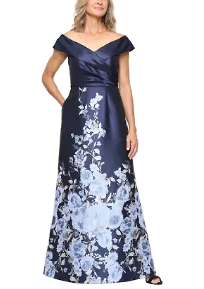 Women's Off Shoulder Placement Floral Jacquard Gown