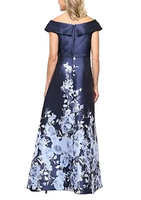 Women's Off Shoulder Placement Floral Jacquard Gown