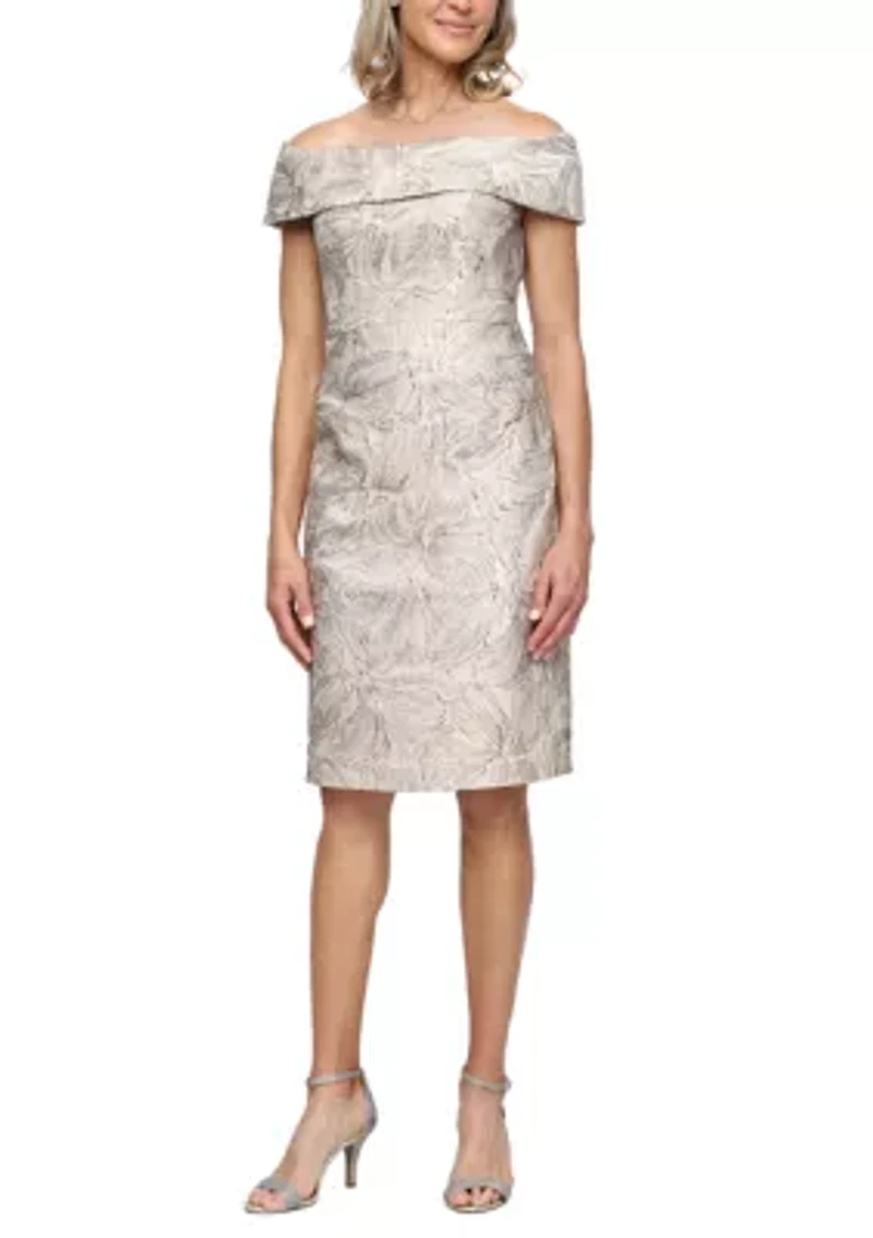 Women's Off the Shoulder Jacquard Dress with Foldover Cuff Neckline