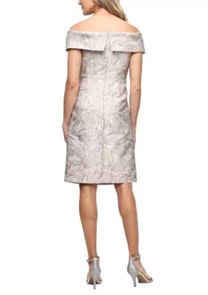 Women's Off the Shoulder Jacquard Dress with Foldover Cuff Neckline