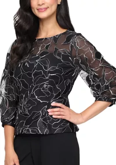 Women's 3/4 Sleeve Embroidered Blouse with Illusion Neckline