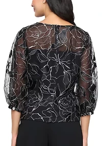 Women's 3/4 Sleeve Embroidered Blouse with Illusion Neckline