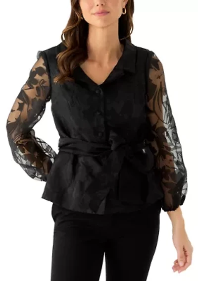 Women's 3/4 Sleeve Button Front Burnout Organza Blouse