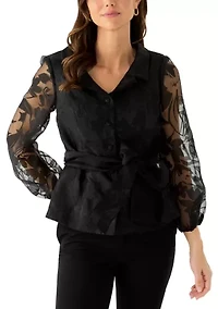 Women's 3/4 Sleeve Button Front Burnout Organza Blouse
