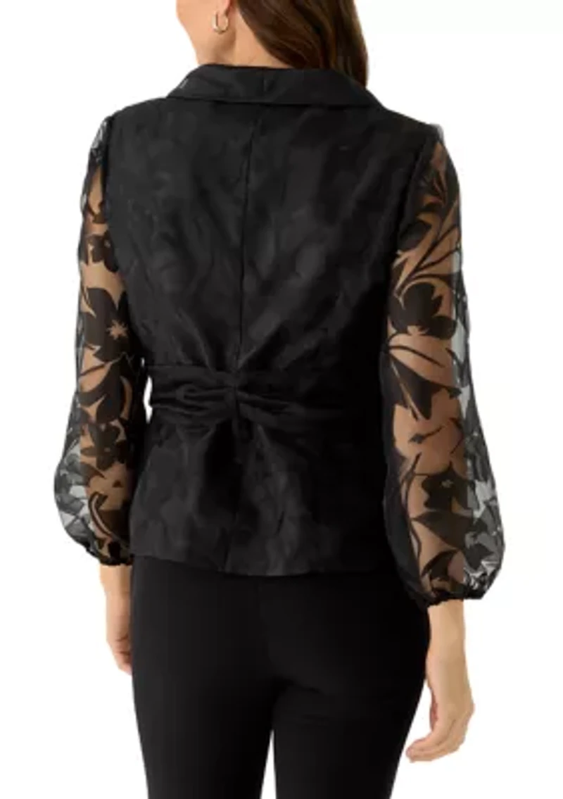 Women's 3/4 Sleeve Button Front Burnout Organza Blouse