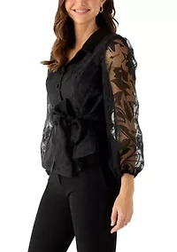 Women's 3/4 Sleeve Button Front Burnout Organza Blouse