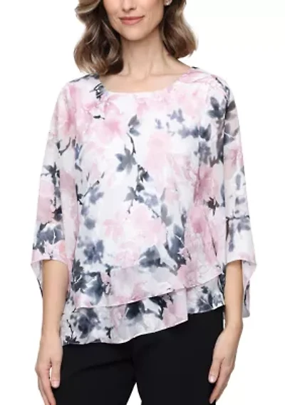 Women Printed Burnout Chiffon Blouse with Asymmetric Double Tier Hem