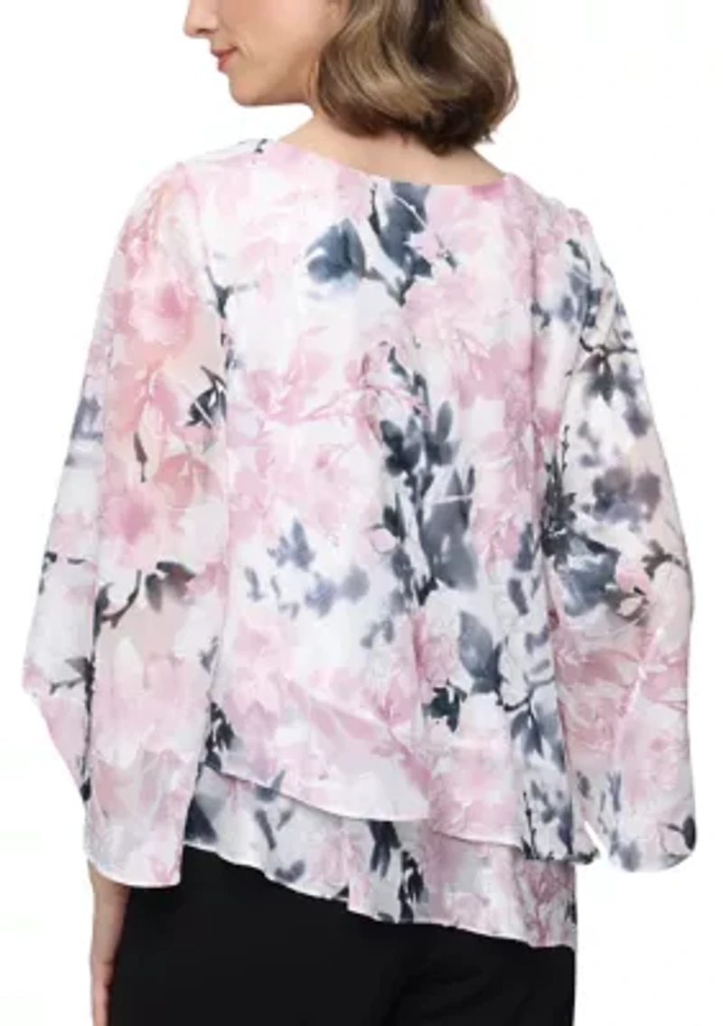 Women Printed Burnout Chiffon Blouse with Asymmetric Double Tier Hem