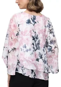Women Printed Burnout Chiffon Blouse with Asymmetric Double Tier Hem