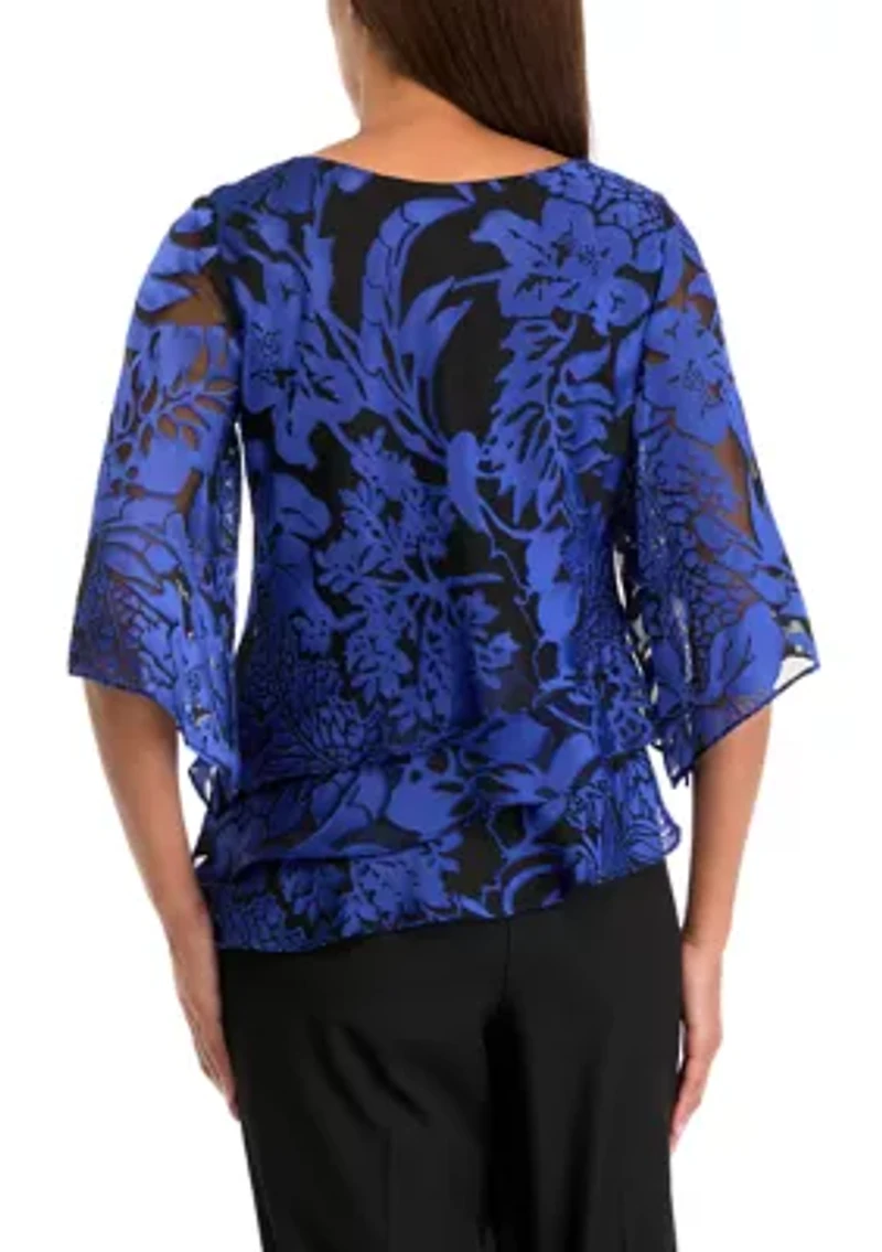 Women's 3/4 Sleeve Boat Neck Floral Print Chiffon Top