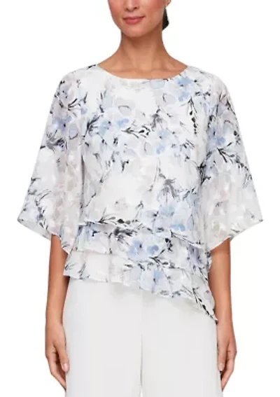 Women's 3/4 Sleeve Printed Blouse with Asymmetric Triple Tier Hem