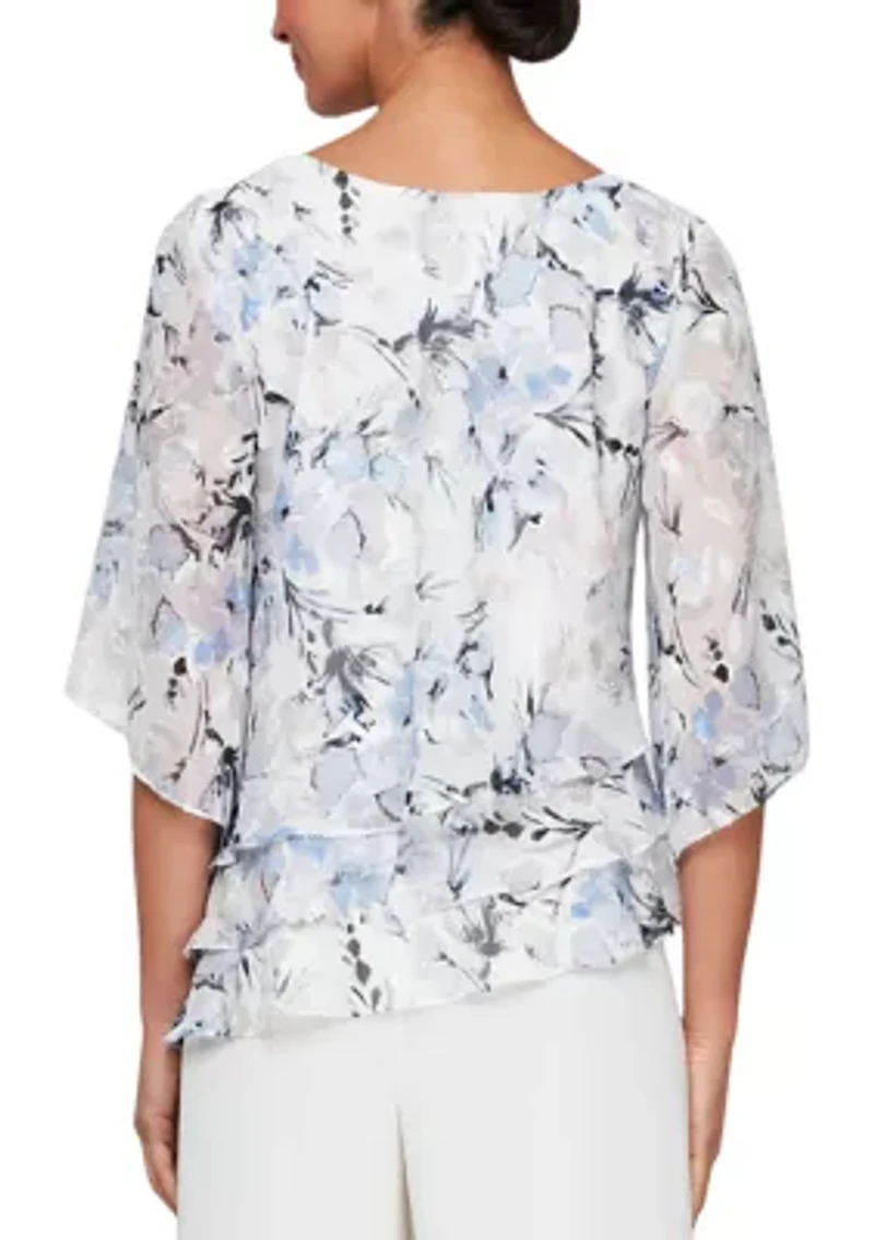 Women's 3/4 Sleeve Printed Blouse with Asymmetric Triple Tier Hem