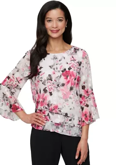 Women's 3/4 Sleeve Printed Chiffon Burnout Blouse