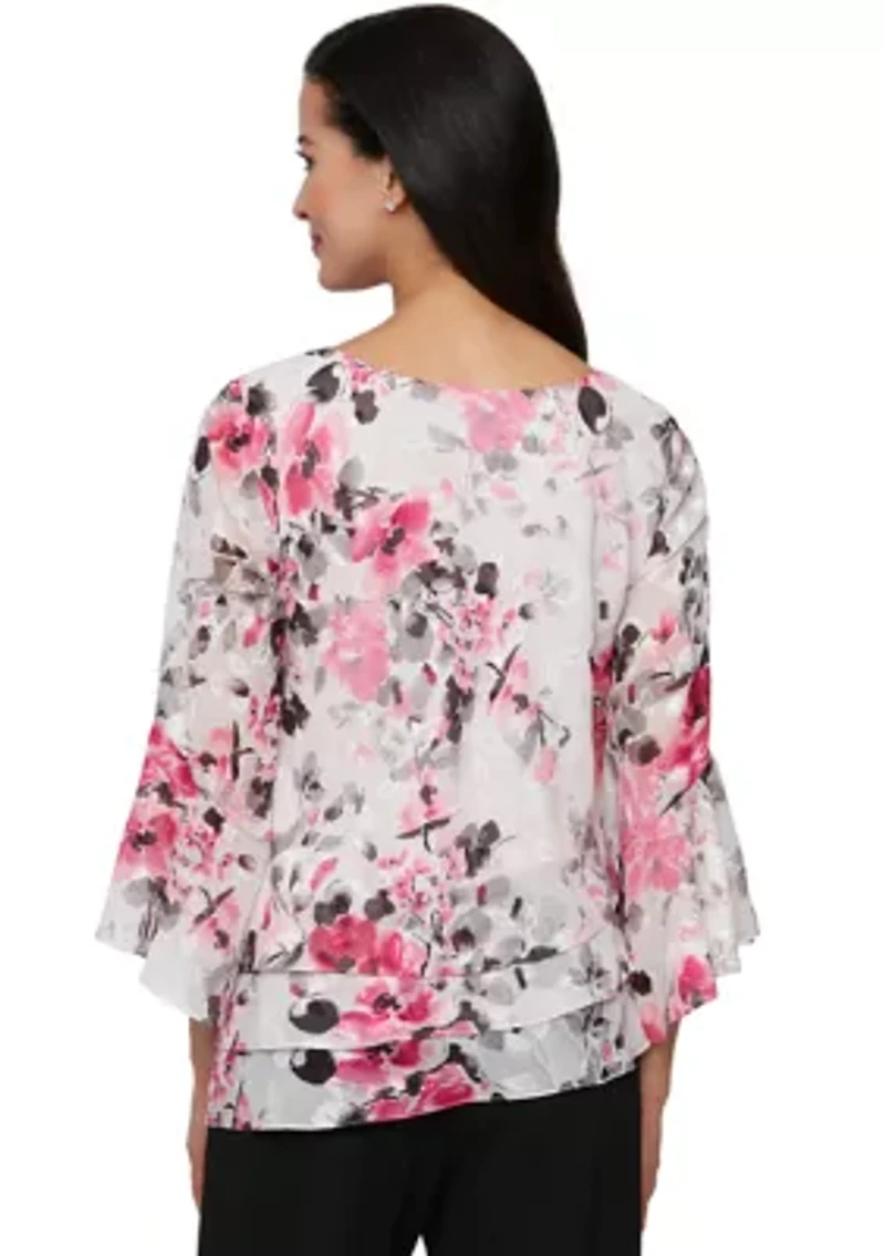 Women's 3/4 Sleeve Printed Chiffon Burnout Blouse