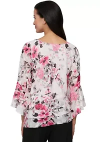 Women's 3/4 Sleeve Printed Chiffon Burnout Blouse