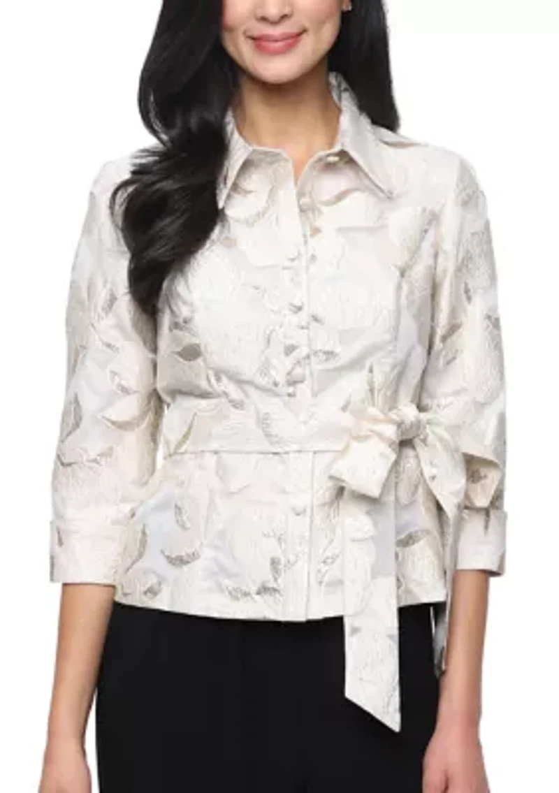 Women's 3/4 Sleeve Metallic Jacquard Button Front Blouse with Collar and Tie Belt