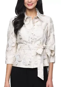 Women's 3/4 Sleeve Metallic Jacquard Button Front Blouse with Collar and Tie Belt