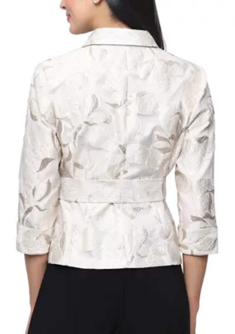 Women's 3/4 Sleeve Metallic Jacquard Button Front Blouse with Collar and Tie Belt
