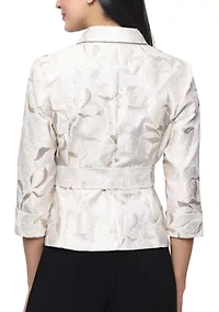 Women's 3/4 Sleeve Metallic Jacquard Button Front Blouse with Collar and Tie Belt