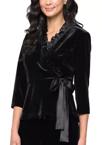 Women's Velvet Top with Satin Ruffle Neck Detail