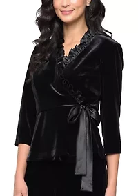 Women's Velvet Top with Satin Ruffle Neck Detail