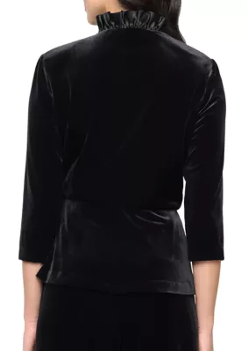 Women's Velvet Top with Satin Ruffle Neck Detail