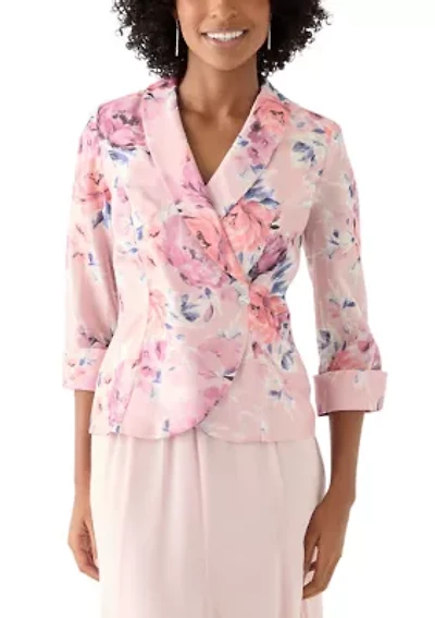Women's 3/4 Sleeve Shawl Collar Floral Print Organza Top