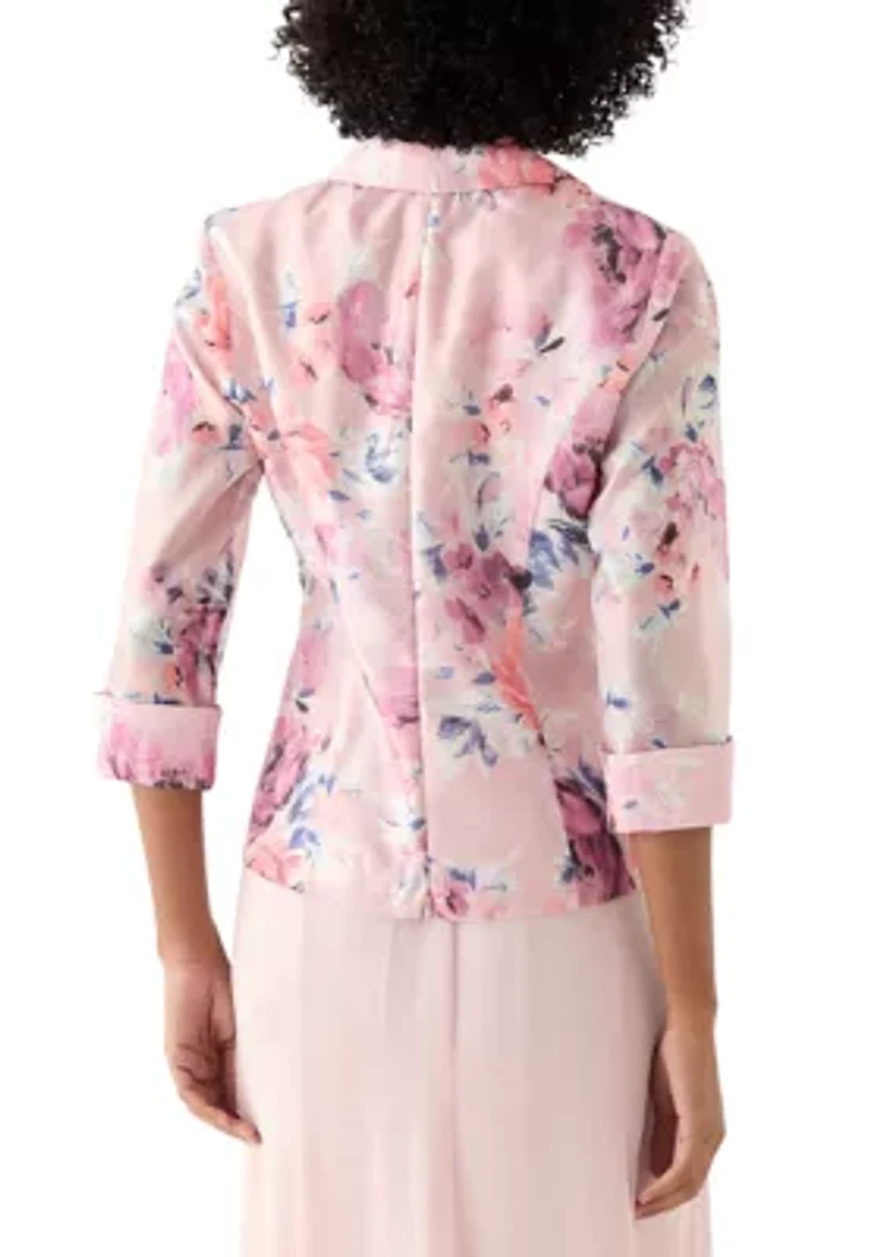 Women's 3/4 Sleeve Shawl Collar Floral Print Organza Top