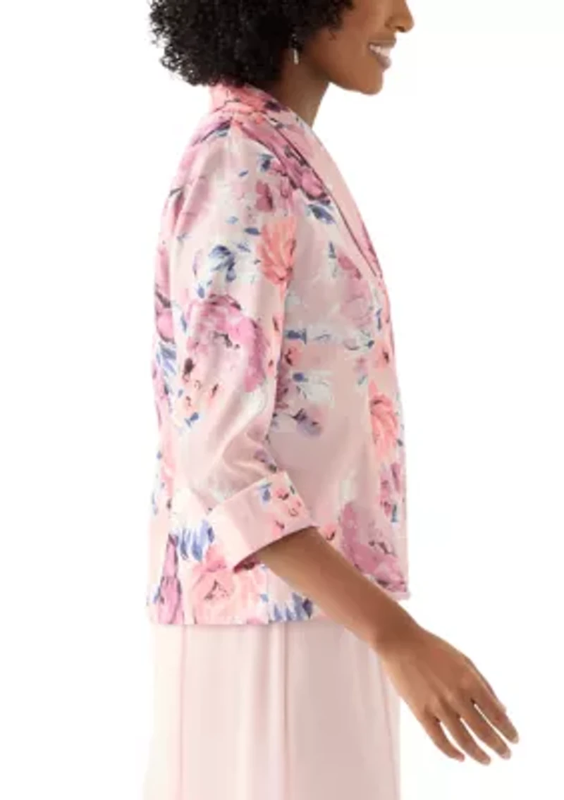 Women's 3/4 Sleeve Shawl Collar Floral Print Organza Top