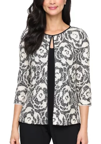 Women's 3/4 Sleeve Patterned Sequin Mock Twinset