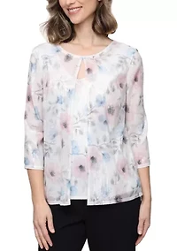 Women's 3/4 Sleeve Printed Sequin Mock Twinset with Jacket