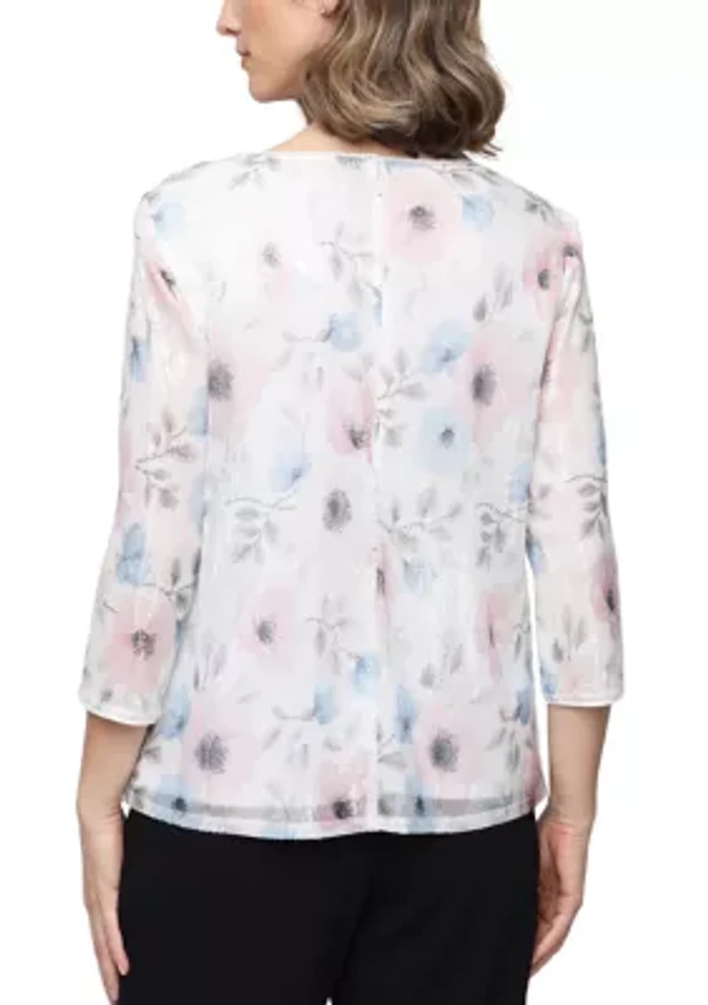 Women's 3/4 Sleeve Printed Sequin Mock Twinset with Jacket