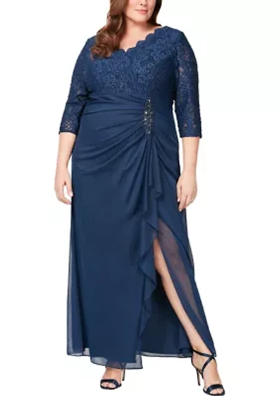 Plus Long A-Line Empire Waist Lace & Mesh Dress with Surplice Neckline