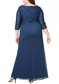Plus Long A-Line Empire Waist Lace & Mesh Dress with Surplice Neckline