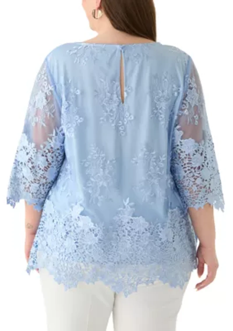 Plus 3/4 Sleeve Embroidered Detail Tunic