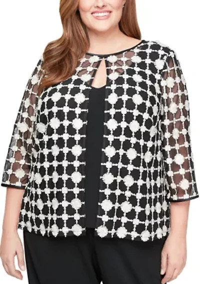 Plus 3/4 Sleeve Embroidered Mock Twinset with Attached Jacket