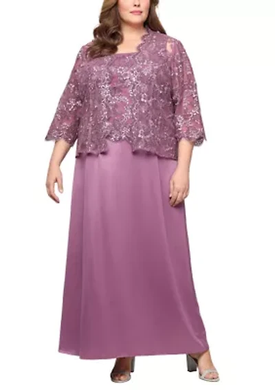 Plus Long Embroidered Tulle Mock Jacket Dress