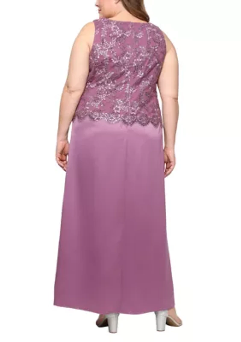 Plus Long Embroidered Tulle Mock Jacket Dress