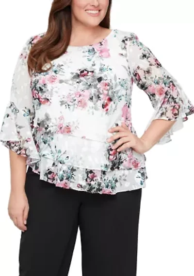 Plus 3/4 Sleeve Printed Blouse