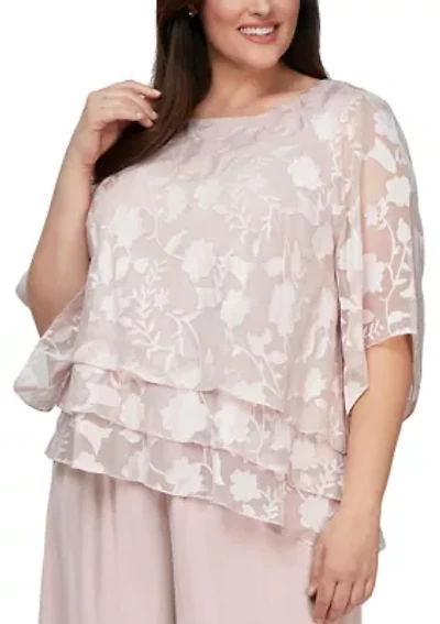 Plus Asymmetrical Triple Tier Hem Burnout Chiffon Blouse