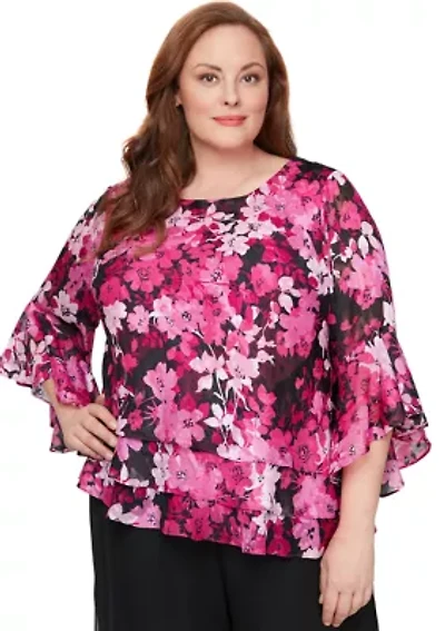 Plus 3/4 Sleeve Printed Blouse with Asymmetric Triple Tier Hem